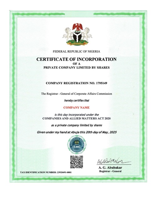 Nigeria certificate of incorporation Word and PDF template